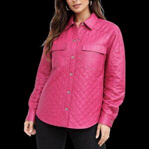 Oddi Women's Hot Pink Quilted Leather Button-Front Shacket Jacket, S